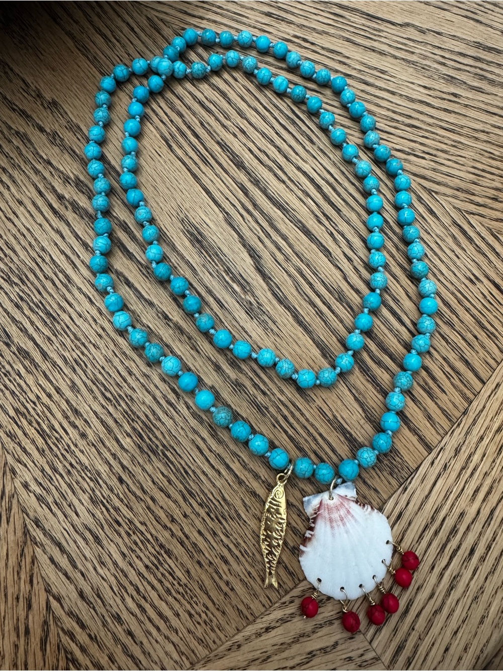 Turquoise Beaded Necklace with Shell & Gold Fish Charm - Women Jewelry